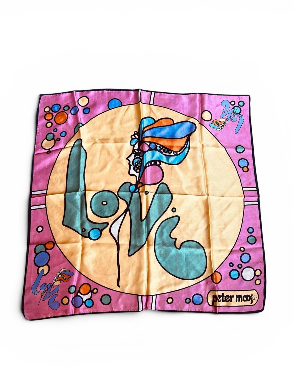 Peter Max 1970s Vintage Rare Pop Art Love Silk Scarf Psychedelic Colorful Pink